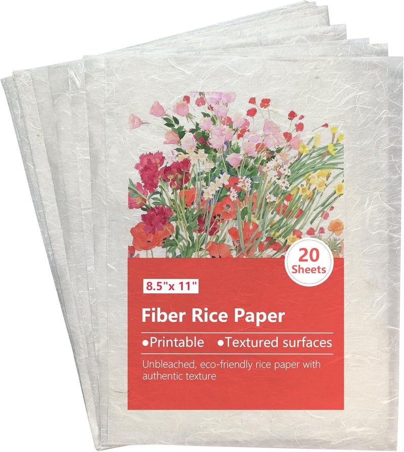 VEOOK Natural Fiber Rice Paper for Decoupage,Printable Rice Paper for Craft, Mulberry Paper for Writing Painting,Decoupage Craft Supplies,20 Sheets Letter Size 8.5x11in（RP-01） - Image 1